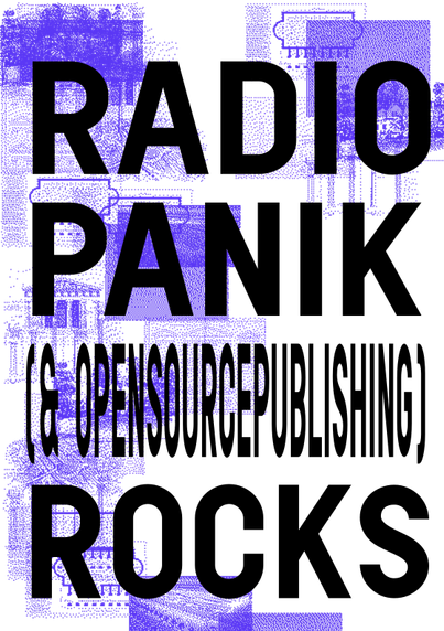 A poster generated with OSP’ Panik Generator. In the background, images downloaded from Wikimedia commons (these are Architectural illustrations) tinted in blue and randomly placed all over the surface. Above, typeset in black caps and Reglo font, the text “Radio Panik (& Opensourcepublishing) Rocks”.