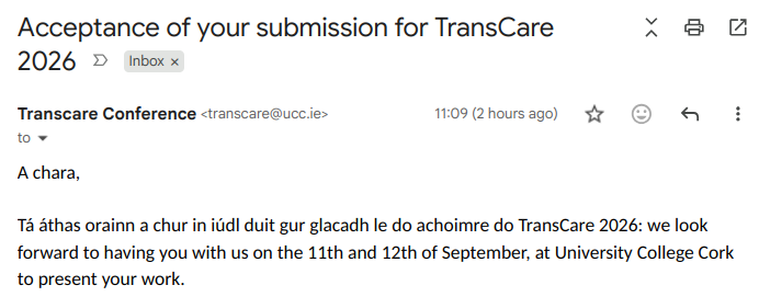 An acceptance email for TransCare 2026 which is being held in UCC in September.