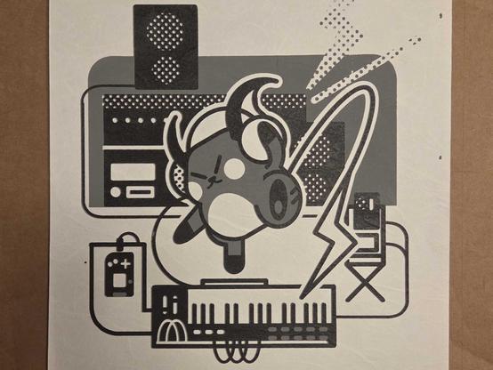 (drawn 2024, printed 2026)
Black and gray screenprint of Raichu playing a modular synth