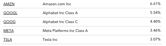 A screenshot showing the top holdings as AMZN 6.61%, GOOGL 5.54%, GOOG 4.40%, META 3.46%, TSLA 3.07%