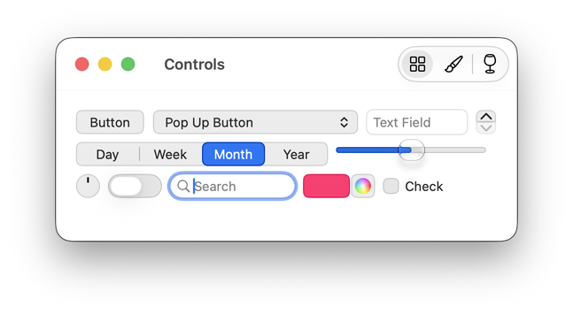 A selection of macOS controls with the "show borders" accessibility option enabled. The elements have gained outlines but not changed significantly in color.