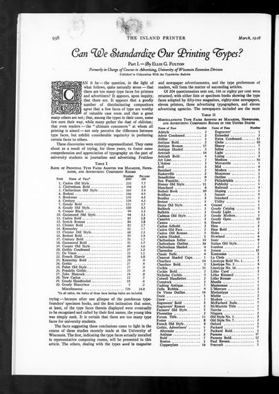 Scan of a magazine page titled, “Can We Standardize Our Printing Types?” A table titled, “Rank of Principal Type Faces adopted for magazine, newspaper, and advertising composing rooms” lists 30 typefaces. Caslon, Cheltenham, Bodoni, Bookman, and Century are at the top. Another table for “Miscellaneous Type Faces” has Old English Text, Antique Roman, Parsons, Cheltenham Outline, and Copperplate at the top.