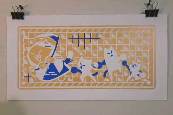 2024 uncommissioned momento mori / danse macabre 

joyous death leads three smaller cats in a solemn dance, printed in gold and blue