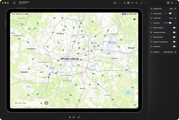 A screenshot of Device Hub, showing a connected iPad, with location set to Johannesburg, SA. The device is real location is in Brussels (not shown).