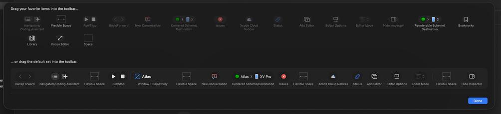 Screenshot of the edit toolbar sheet in Xcode 27, showing various toolbar items with colored icons.