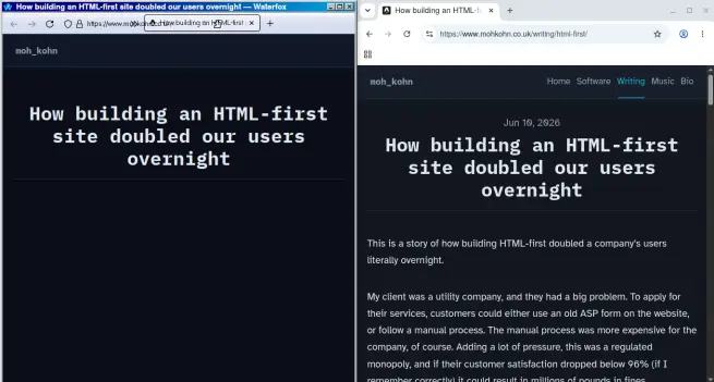 Two windows showing the same website: Left window is Waterfox, showing only the title and empty space below. Right window is Ungoogled Chromium, showing the article properly below the title.