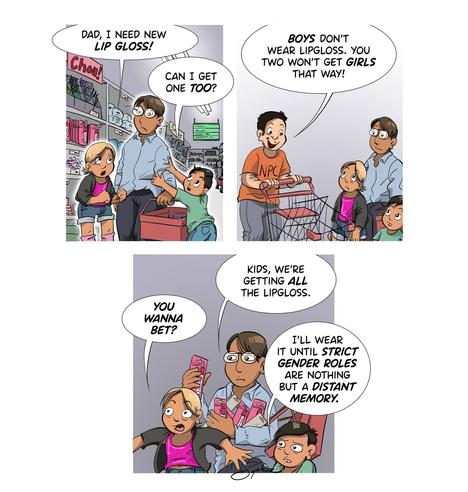 3 frame comic. Ciel, their father and their brother are at a store. Ciel says : Dad, I need new lip gloss. Their brother says : Can I get one too? some man with a shopping cart and a shirt that says "NPC" approaches them and says : boys don't wear lip gloss. you two won't get girls that way. Ciel says : you wanna bet? Their dad says : kids, we're getting all the lipgloss. Their brother says : I'll wear it until strict gender roles are nothing but a distant memory.