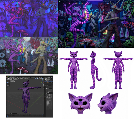 This is a work board style collage of photos.  The first two being a wild party scene with strange animal people with too many limbs and eyes dancing  in a place that is at once  a dance floor swept with glittering lights and the tangled growth of a forest. 
The remaining images are of the same image, re-rendered by AI as though it were a 3D animated movie.  The next, a single character removed to her own scene.  Then several shots of the same character in a rigging pose with her upper arms in Tpose and the lower in Apose.   Copies of her head with all three eyes have been removed for ease of rigging.  And finally, a screenshot of the finished model in Blender.
