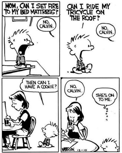 A Calvin & Hobbes cartoon:


“Calvin, yelling: Mom, can I set fire to my bed mattress?

Calvin's Mom: No, Calvin.

Calvin: Can I ride my tricycle on the roof?

Calvin's Mom: No, Calvin.

Calvin: Then can I have a cookie?

Calvin's Mom: No, Calvin.

Calvin: She's on to me.”
― Bill Watterson, Calvin & Hobbes