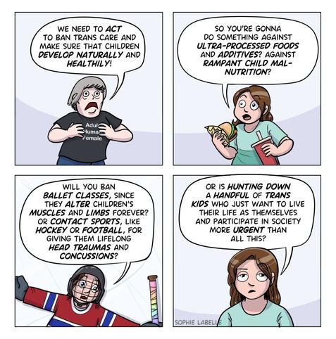 four frame comic. first frame shows someone with a ''adult human female'' shirt saying, panicking : we need to act to ban trans care and make sure that children develop naturally and healthily! second frame shows Stephie eating a burger, saying : so you're gonna do something against ultra-processed foods and additives? against rampant child malnutrition?
third frame shows her lying on the ice with a hockey outfit. she says : will you ban ballet classes, since they alter children's muscles and limbs forever? or contact sports, like hockey or football, for giving them lifelong head traumas and concussions?
fourth frame shows her staring at the camera and says: or is hunting down a handful of trans kids who just want to live their life as themselves and participate in society more urgent than all this?