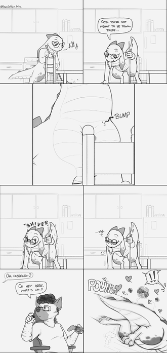 Reyn is sweeping the kitchen and bends over to pick up something off the floor. While doing so, he bumps his rear end against the strut of a chair, which sends a shiver through him. Sighing, he goes to find Malo and is then shown amorously pouncing him for some 'relief'.