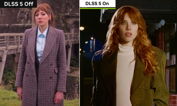 A two panel picture. On the left it reads "DLSS 5 Off" and shows a picture of Diane Morgan as Philomena Cunk. On the left it reads "DLSS 5 On" and it shows Carly Rae Jepsen looking very similar but more "yassified".
