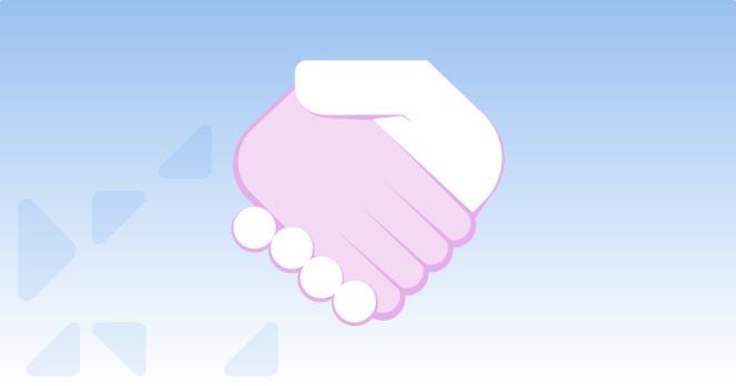 The GNOME Fellowship illustration - a drawing of a purple and white hand shaking together, behind a light blue background with some triangles