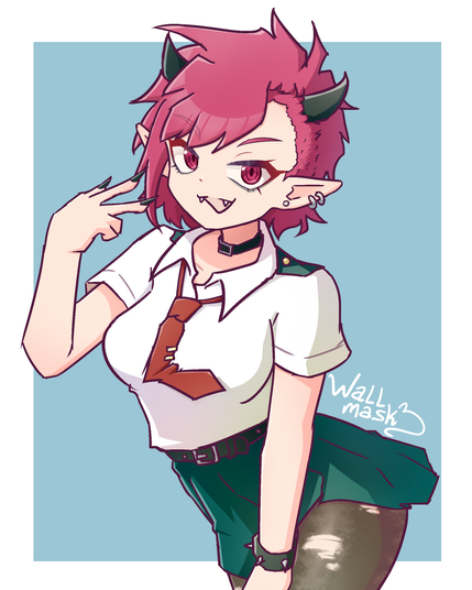 Anime style art of a girl doing a V gesture with her right hand, as she looks at the viewer with a smile. The girl has very short dark pink hair, where one side is shaved and the other has hangs that covers her forehead, black horns, and dark pink eyes. In her smile she shows her fangs. She wears a collared shirt with a red necktie, a green skirt, torn pantyhose and a black choker. The girl is Rin, @cynjones.bsky.social 's original character.