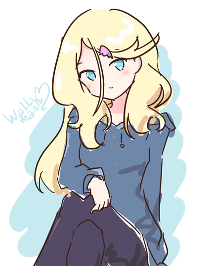 Anime style doodle of a girl sitting with her legs crossed, as her right hand rests on her leg. The girl has long blonde hair, one long strand of hair falling in the middle of her face, and a pink hairpin shaped like the half of a broken heart. She wears a navy color hoodie and black pants, The girl is my original character Kiri.