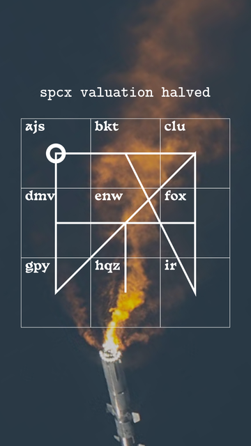 sigil line on a 3x3 grid cipher. message: "spcx valuation halved" at the top. the backround is a photo of a burning Space X rocket falling leavinga plume of orange smoke in its wake