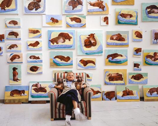 A man (David Hockney) is sitting leaning back in a striped armchair, with a sly smile on his face. He is holding a red smooth dachshund by each side. All three of them are looking directly into the camera. Behind them is a white wall with about 30 paintings by Hockney of those two dachshunds.
