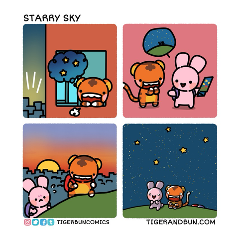 A comic of Tiger and Bun wanting to see the stars in night sky, so they climbed up higher to avoid city lights to get a good view