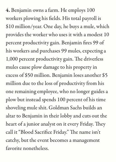 The image contains a humorous narrative about Benjamin, a farmer who employs 100 workers and faces challenges after purchasing mules to increase productivity. Despite initial expectations, the mules cause damage and lead to significant financial losses. The story includes a satirical reference
