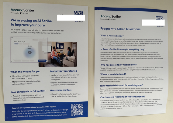 Photo of the AI Scribe poster, which in fairness has quite a detailed description of how the tool works, how it is meant to be used, and a discussion of privacy and confidentiality aspects. All good, if you happen to spot it. And remember that it is ‘safe if used as directed.’