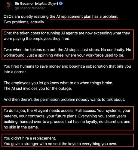 A screenshot of a tweet by Sir Escanor discussing the problems with AI replacement in the workforce.