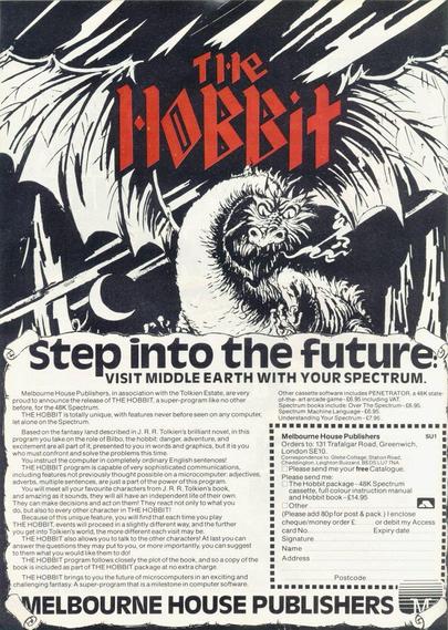 Advertisement for The Hobbit, including the text: "THE HOBBIT program is capable of very sophisticated communications, including features not previously thought possible on a microcomputer: adjectives, adverbs, multiple sentences, are just a part of the power of this program."