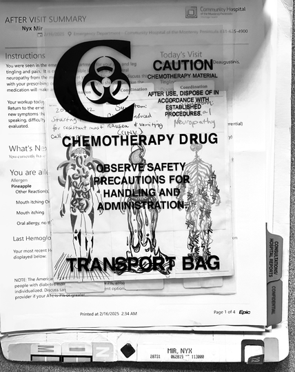 Photo of a page in a paper analog medical chart which is an ER visit for reaction to a chemo medication for MCAS . on top of it is a biohazard Chemo Med Warning Bag, which is filled with bookmarks depicting the bodily experiences including nausea and peripheral neuropathy. the image is in high contrast black and white and a shadow falls over the top of the paper.