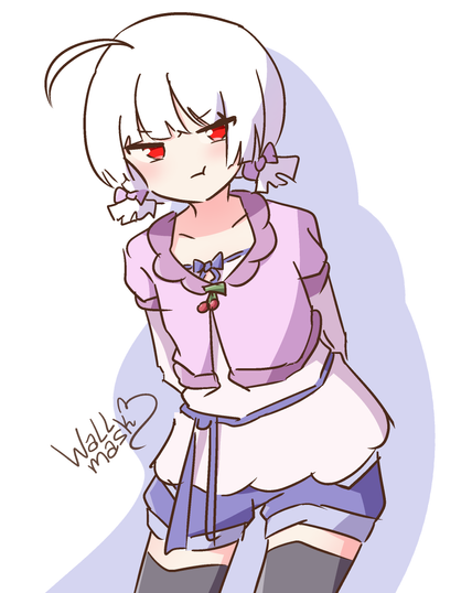 Anime style art of a girl pouting, with her arms behind her back, as she looks angrily at the viewer. The girl is my original character Ayu, she has white hair and red eyes, and in this picture she has low twintails, which is the reason she is pouting here, as her regular hairstyle is a bob cut. She wears a light pink jacket, a white shirt underneath it, blue shorts and black thighhighs.