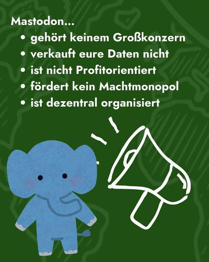 Mastodon...

*gehört keinem Großkonzern
*verkauft eure Daten nicht
*ist nicht Profitorientiert
*fördert kein Machtmonopol
*ist dezentral organisiert