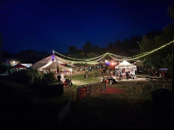 Vue en plan large, de nuit, d'un petit festival alternatif. A notamment était programmé un musicien ayant fui la Palestine