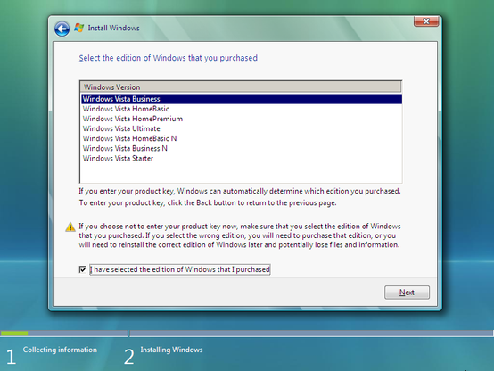 Windows Vista setup - Select the edition of Windows that you purchased
