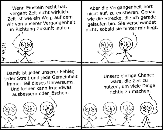 Der Comic besteht aus vier Panels. Er zeigt ein Strichmännchen, das von links nach rechts läuft. Mit jedem weiteren Panel lässt das Männchen an seiner vorherigen Position eine Kopie von sich selbst als „vergangene Version“ zurück, sodass am Ende vier Männchen nebeneinander in einer Reihe stehen. Der Text wird stets von der vordersten, aktuell laufenden Version gesprochen:

Panel 1: „Wenn Einstein recht hat, vergeht Zeit nicht wirklich. Zeit ist wie ein Weg, auf dem wir von unserer Vergangenheit in Richtung Zukunft laufen.“

Panel 2: „Aber die Vergangenheit hört nicht auf, zu existieren. Genau wie die Strecke, die ich gerade gelaufen bin. Sie verschwindet nicht, sobald sie hinter mir liegt.“

Panel 3: „Damit ist jeder unserer Fehler, jeder Streit und jede Gemeinheit immer Teil dieses Universums. Und keiner kann irgendwas ausbessern oder löschen.“

Panel 4: Das vorderste Männchen bleibt stehen, blickt ernst nach vorn und sagt: „Unsere einzige Chance wäre, die Zeit zu nutzen, um viele Dinge richtig zu machen.“