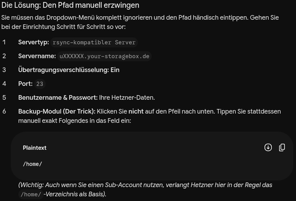 Gemini beschreibt, dass man bei der Einrichtung von Hyperbackup manuell /home/ bei Backup-Modul eintippen muss und nicht den Dropdown-Pfeil drücken.