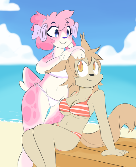 2 critter girls are enjoying a day at the beach. My pink dog OC casually leans on the other OC, who is seated on a wooden bench. Both are smiling at each other