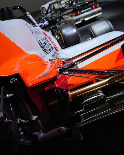 Mercedes Benz museum Stuttgart: stylized picture of a race car from the back, closeup