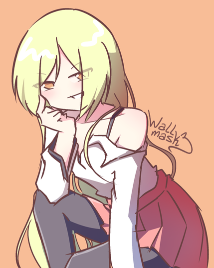 Anime style art of a girl sitting and smiling, resting her head on her right hand. The girl is my original character Kanae but with her hair down; Usually she has low twintails. Kanae has very long blonde hair and orange eyes, wears a white collared shirt, long red skirt and black pantyhose. In this picture, her shirt is partially open, revealing one of her shoulders and a black strap from a clothing she uses underneath her shirt.