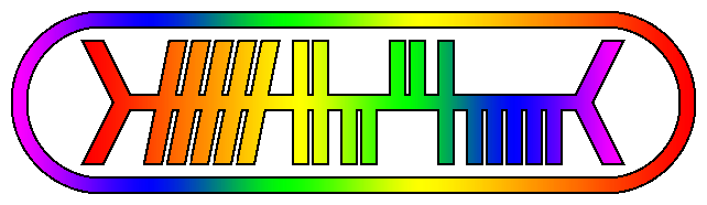 A cartouche with my spirit name written in Ogham script and colored with the rainbow spectrum.