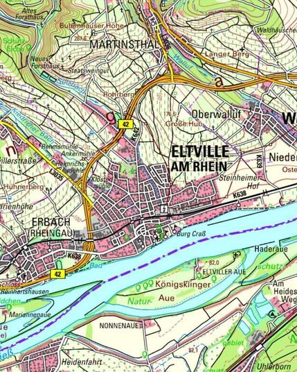 Topografische Karte von Eltville am Rhein in Hessen. Dargestellt sind die Stadtgebiete von Eltville, Erbach und Martinsthal, der Rhein mit den Inseln Mariannenaue und Eltviller Aue sowie umliegende Weinberge, Wälder, Straßen und Höhenlinien. Die Karte zeigt Siedlungen, Verkehrswege und Landschaftsmerkmale der Region.