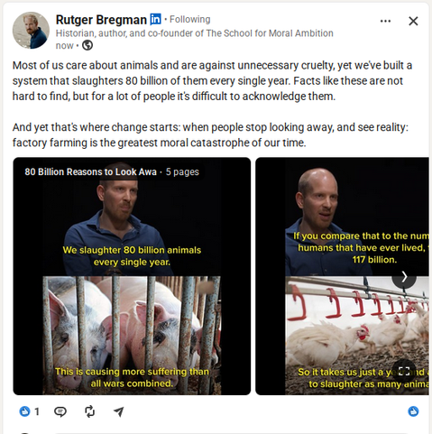 Screenshot of Rutger Bregman's LinkedIn post:  https://www.linkedin.com/posts/rutgerbregman_80-billion-reasons-to-look-away-ugcPost-7472227510152466432-yHu9/