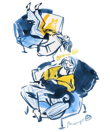 A sketch in blue and yellow ecoline: On the top part of the page a woman is hanging in the sofa, feet up and head down, in a big jumper and stripes trousers with a yellow cat on top of her chest, on the bottom half of the page is the same woman also sitting in a sofa, legs crossed against a pillow with a big, sleeping cat on her lap.
