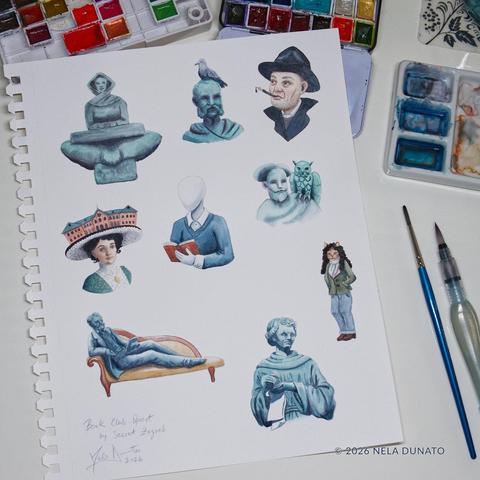 Top view of a desk with a sheet of paper surrounded by watercolor palettes and brushes. On the paper are 9 vignette illustrations featuring mostly historical Croatian literary figures.