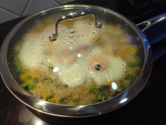 A lidded large hexclad pan with the ingredients described in the body of the post on a black electric range/stove/hobs.