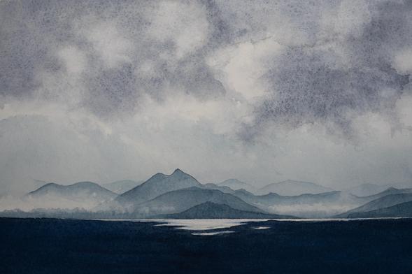Watercolour in blues. Early mist and cloud are clearing from mountains seen across a sea passage. The sea is deep blue under a band of heavy cloud but for a bright, sunlit patch in the centre.