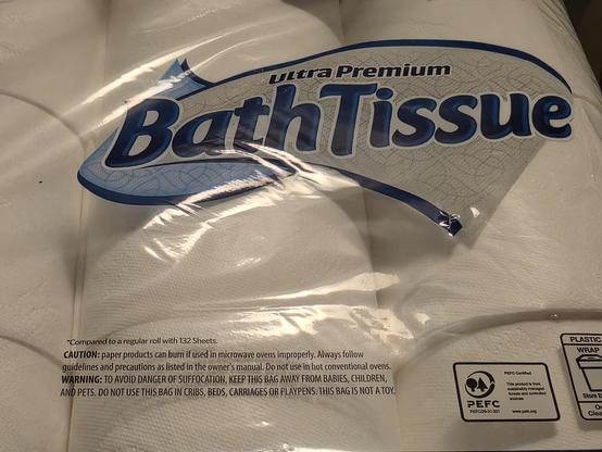 A package of Member's Mark toilet paper. There's a warning at the bottom (see the next image for a closeup)