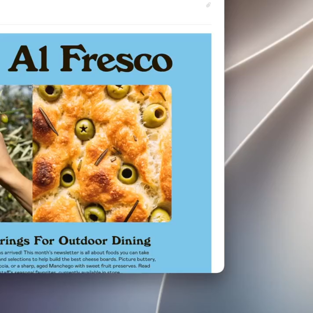 Animation where a user draws a rectangle around a picture of a dish that looks like a focaccia, and a menu with AI features appears. The rectangle heavily distorts the content inside near the borders. The light blue background that surrounds the image as well as some of the text that is several pixels away can be seen reflected inside, making it look like the user overshot the desired region by several pixels.