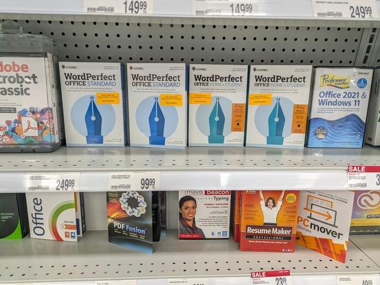Closeup of the same aisle where you can more clearly see the WordPerfect, Mavis Beacon, and other software boxes