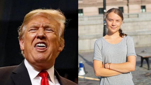 2 pictures: left side Felon 47 looking like an idiot, right side Greta Thurnberg - underlining the stark contrast between idiocracy and intelligence accomanying the Quote from Greta Thunberg: "My initial thought was to give you a one-way ticket to The Hague as a birthday gift, but that comment would probably go above your head. I will instead give you a can of alphabet soup; the sentences you poop out will be more coherent than anything you have ever said. Now you can finally take part in meaningful public discourse."