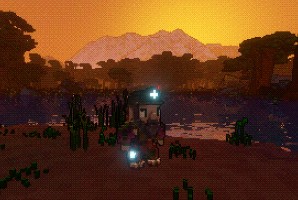 A screenshot of Veloren, a voxel game. The resolution is low, and objects in the scene have pixelated black outlines. Colours are dithered, with a retro pattern covering the screen.
