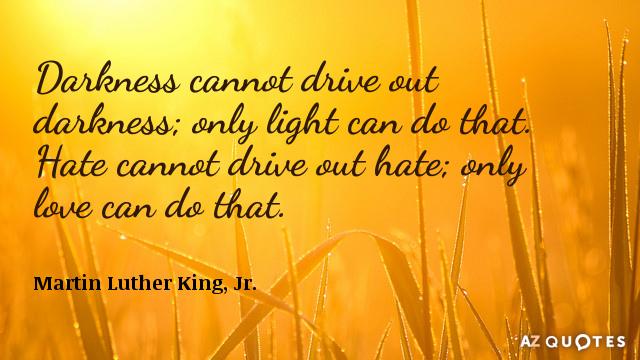 Darkness cannot drive out darkness; only light can do that. Hate cannot drive out hate; only love can do that.
Martin Luther King, Jr.