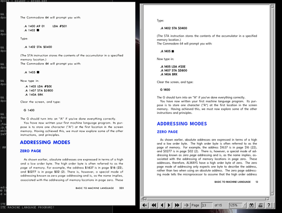 screenshot of two PDF files side by side. cruddy scan on the left. digitally typeset on the right.
contents: some text, some verbatim code blocks, bright blue headings:

ADDRESSING MODES

ZERO PAGE